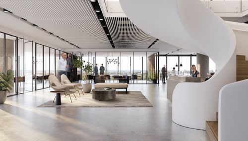 An artist’s impression of the interior of a modern office space within One Festival Tower, with a large feature spiral staircase in the middle of the room.
